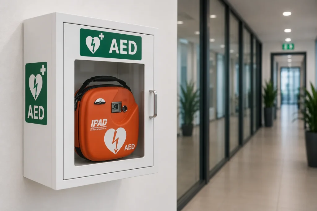AED defibriliatorius spintelėje pagal ERC 2025 gaivinimo rekomendacijas
